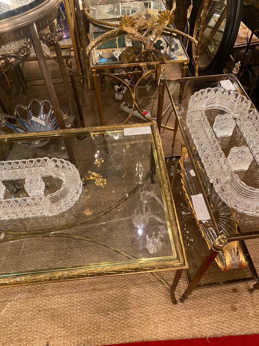 1970′ Coffee Table And 2 Side Tables In Patinated Gilt Bronze, Palm Tree Model, Maison Charles-photo-8