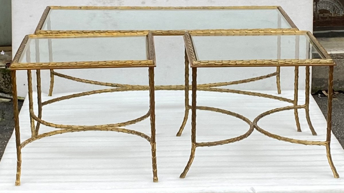 1970′ Coffee Table And 2 Side Tables In Patinated Gilt Bronze, Palm Tree Model, Maison Charles