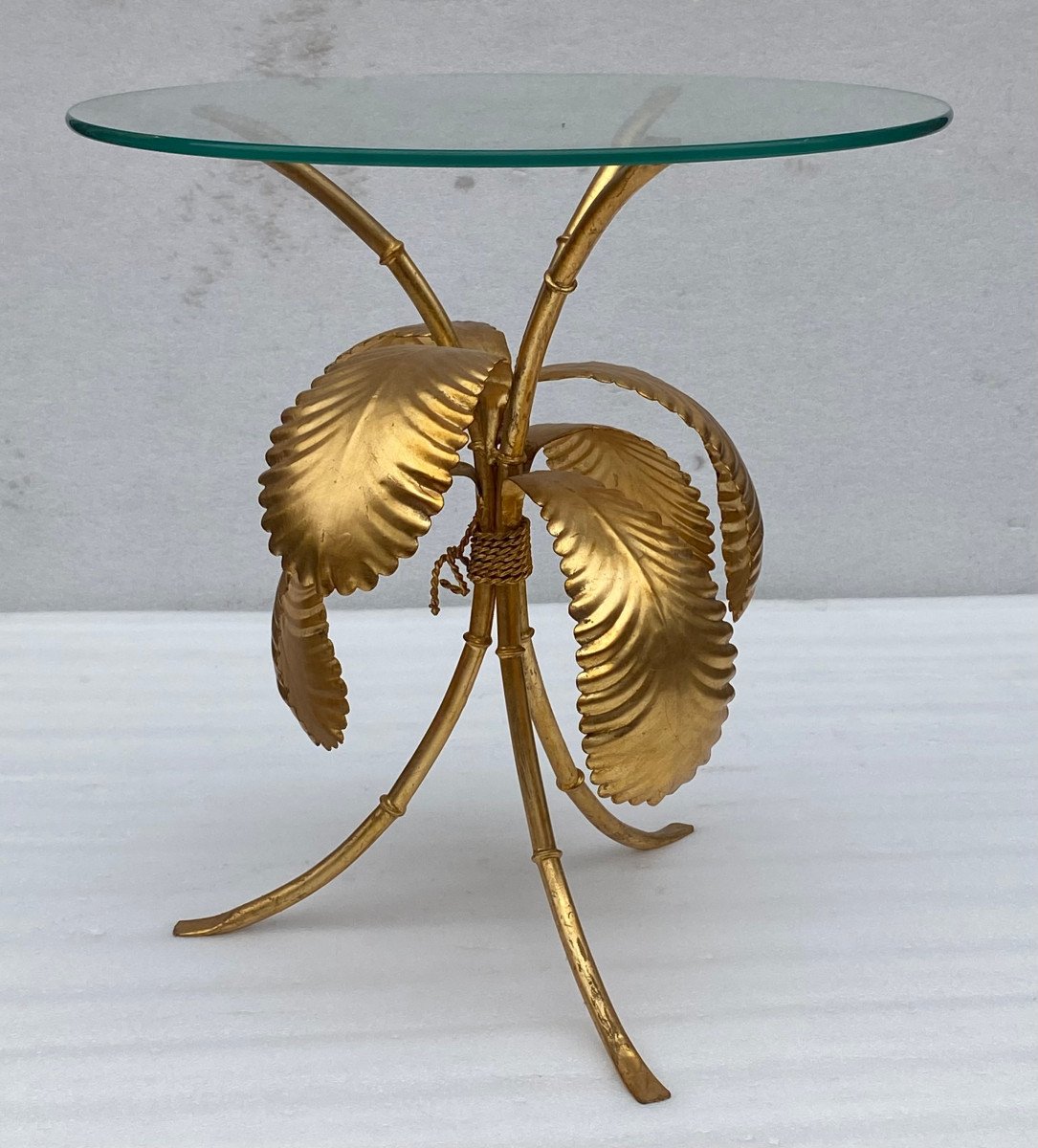 1970′ Tripod Pedestal Table Bamboo Decor In Gilded Iron By Hans Kogl ø 50 H 50 Cm