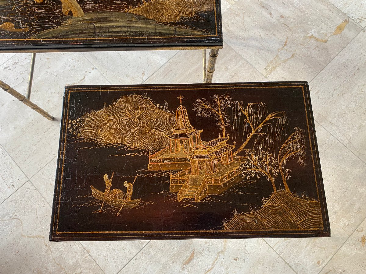 1950′ Series 3 Maison Baguès Nesting Tables In Gilded And Patinated Bronze, Chinese Lacquer Tops-photo-2