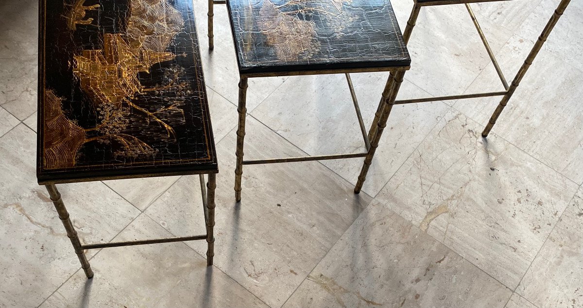 1950′ Series 3 Maison Baguès Nesting Tables In Gilded And Patinated Bronze, Chinese Lacquer Tops-photo-1