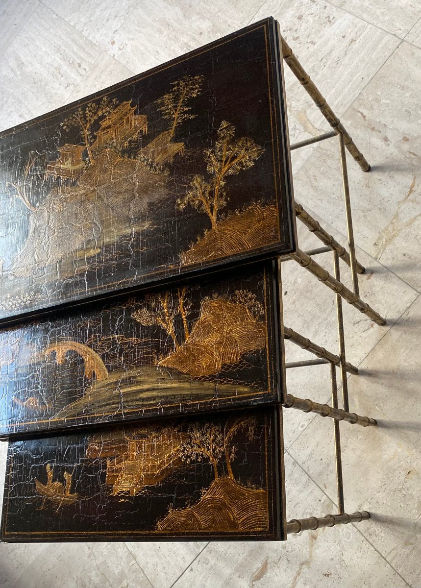 1950′ Series 3 Maison Baguès Nesting Tables In Gilded And Patinated Bronze, Chinese Lacquer Tops-photo-2