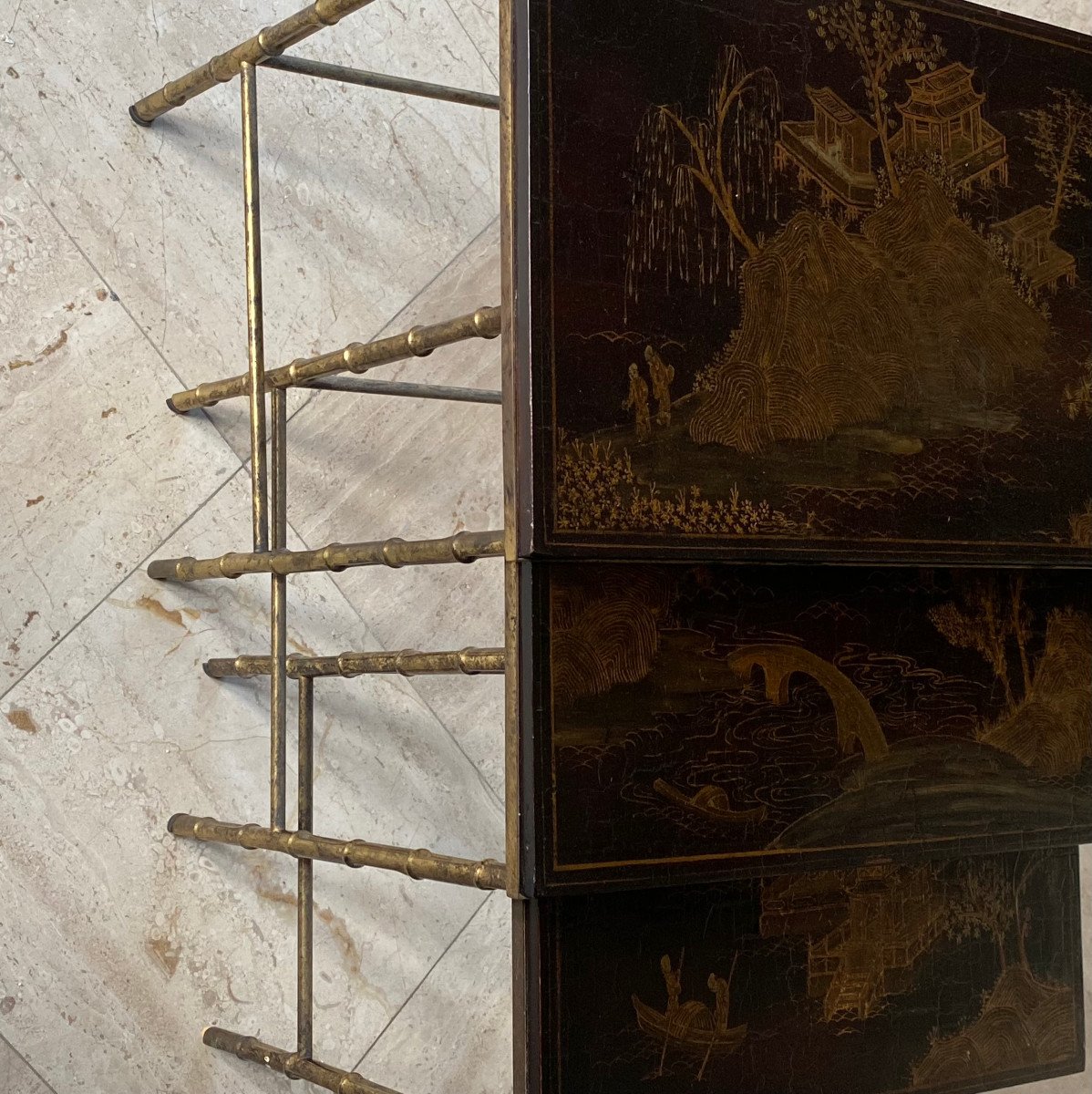 1950′ Series 3 Maison Baguès Nesting Tables In Gilded And Patinated Bronze, Chinese Lacquer Tops-photo-3