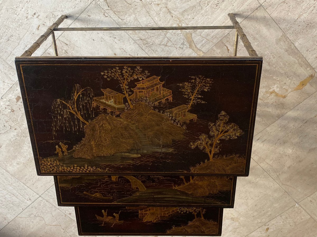 1950′ Series 3 Maison Baguès Nesting Tables In Gilded And Patinated Bronze, Chinese Lacquer Tops-photo-4