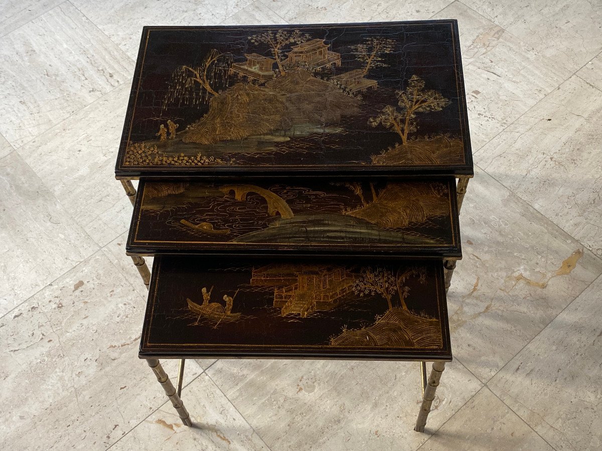 1950′ Series 3 Maison Baguès Nesting Tables In Gilded And Patinated Bronze, Chinese Lacquer Tops-photo-5