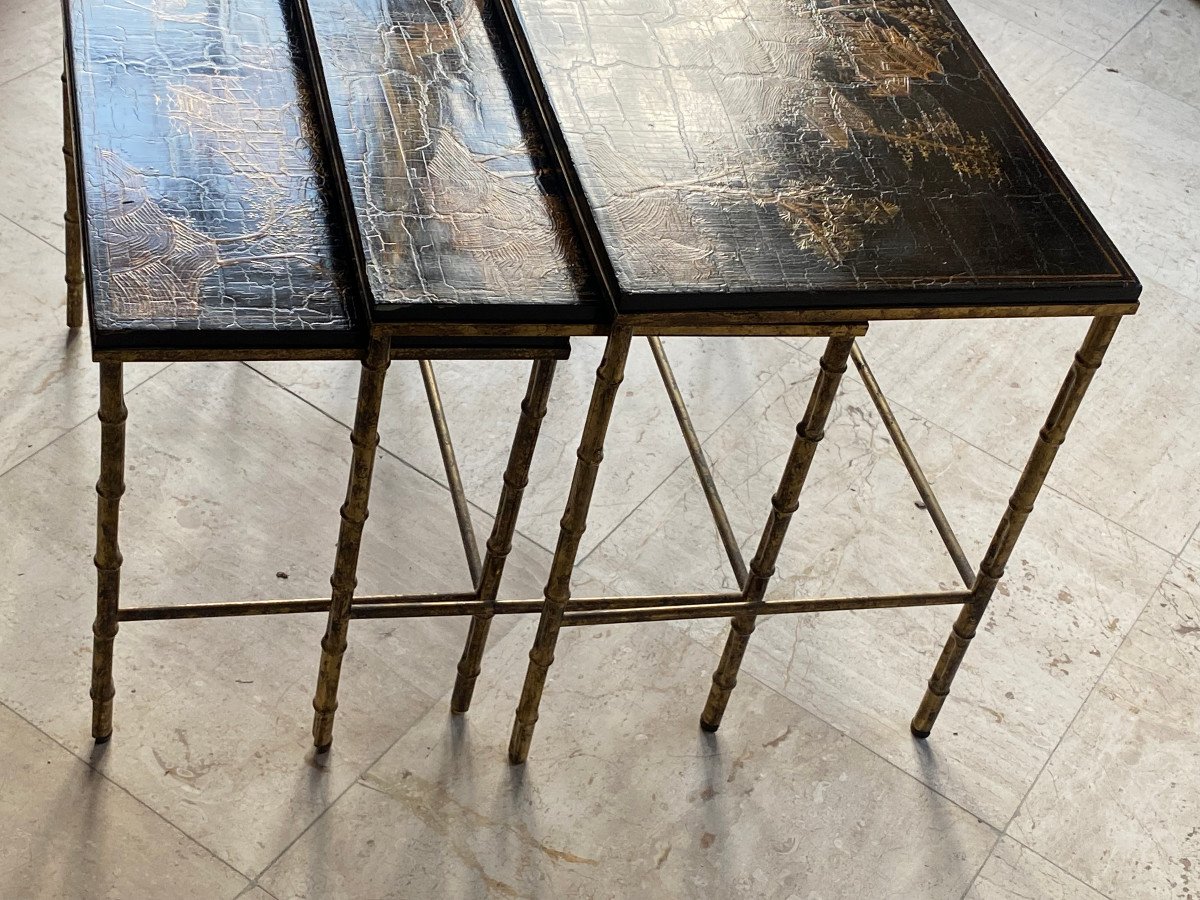 1950′ Series 3 Maison Baguès Nesting Tables In Gilded And Patinated Bronze, Chinese Lacquer Tops-photo-6