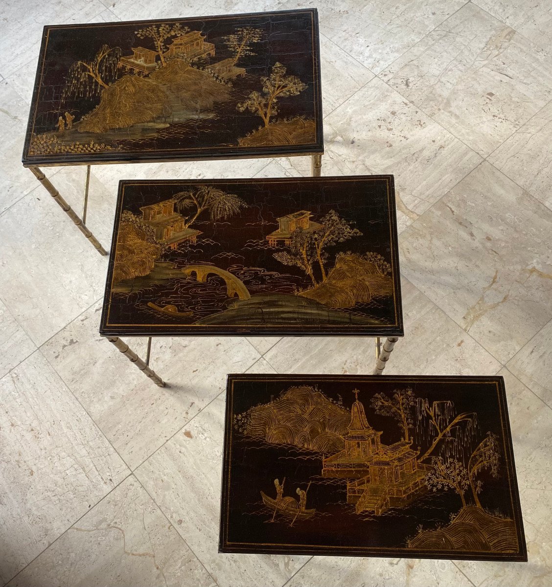 1950′ Series 3 Maison Baguès Nesting Tables In Gilded And Patinated Bronze, Chinese Lacquer Tops