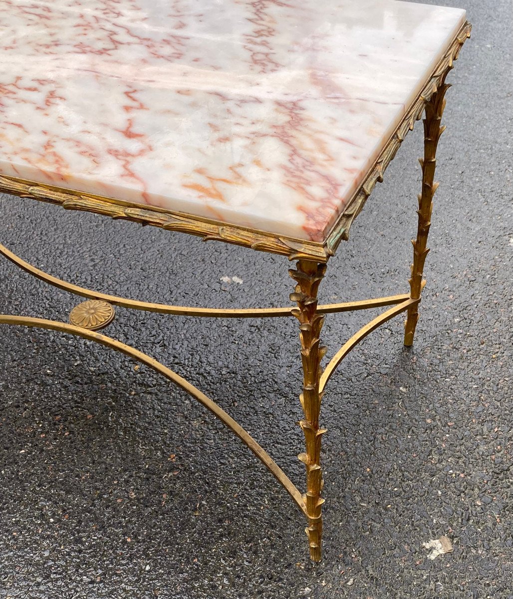 1970′ Gilt Bronze Coffee Table, Marble Or Onyx Top Maison Bagués Palmier Model 50 X 96 X 51-photo-2