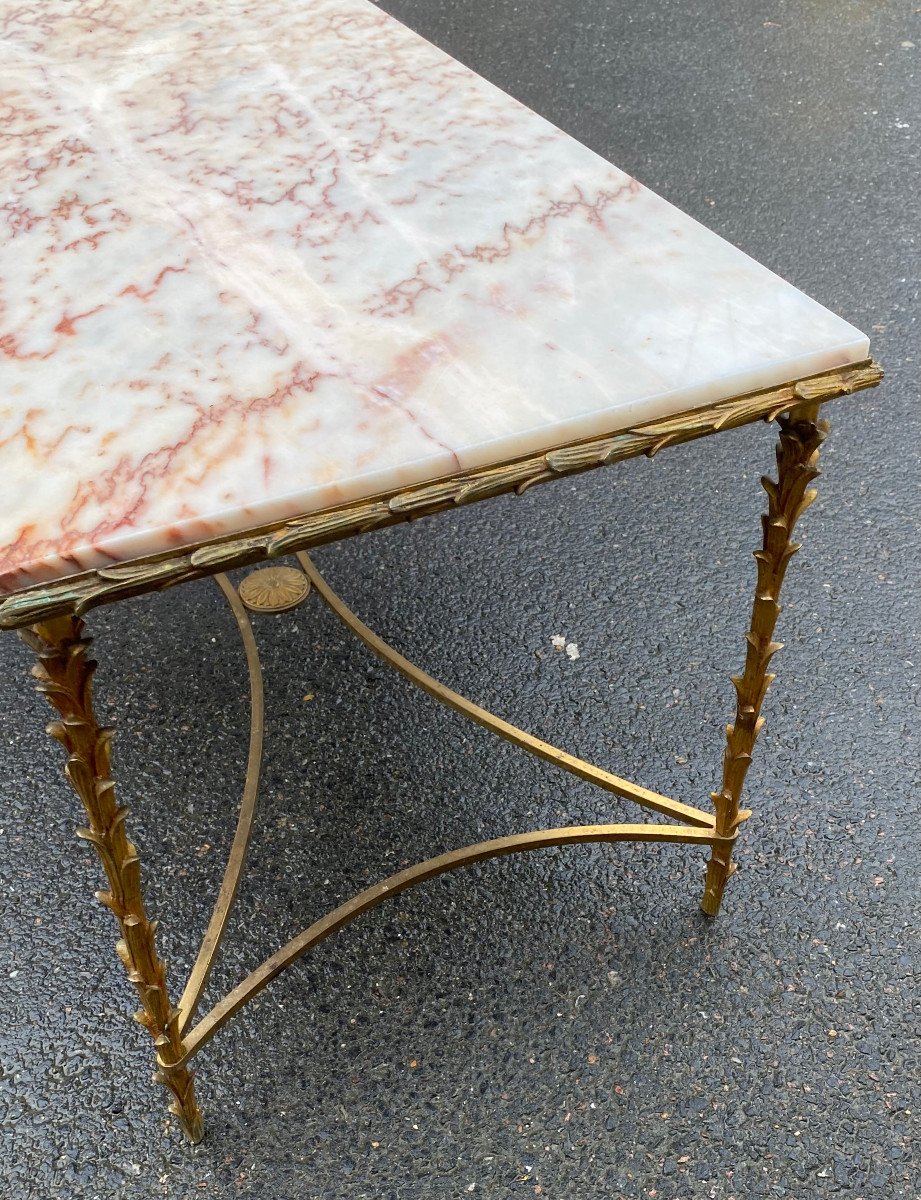 1970′ Gilt Bronze Coffee Table, Marble Or Onyx Top Maison Bagués Palmier Model 50 X 96 X 51-photo-3