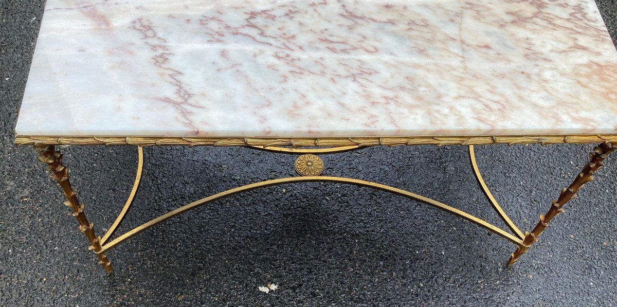 1970′ Gilt Bronze Coffee Table, Marble Or Onyx Top Maison Bagués Palmier Model 50 X 96 X 51-photo-4