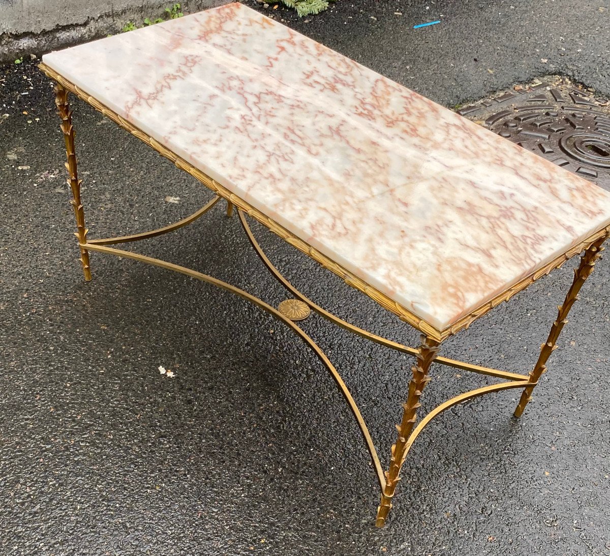 1970′ Gilt Bronze Coffee Table, Marble Or Onyx Top Maison Bagués Palmier Model 50 X 96 X 51-photo-2