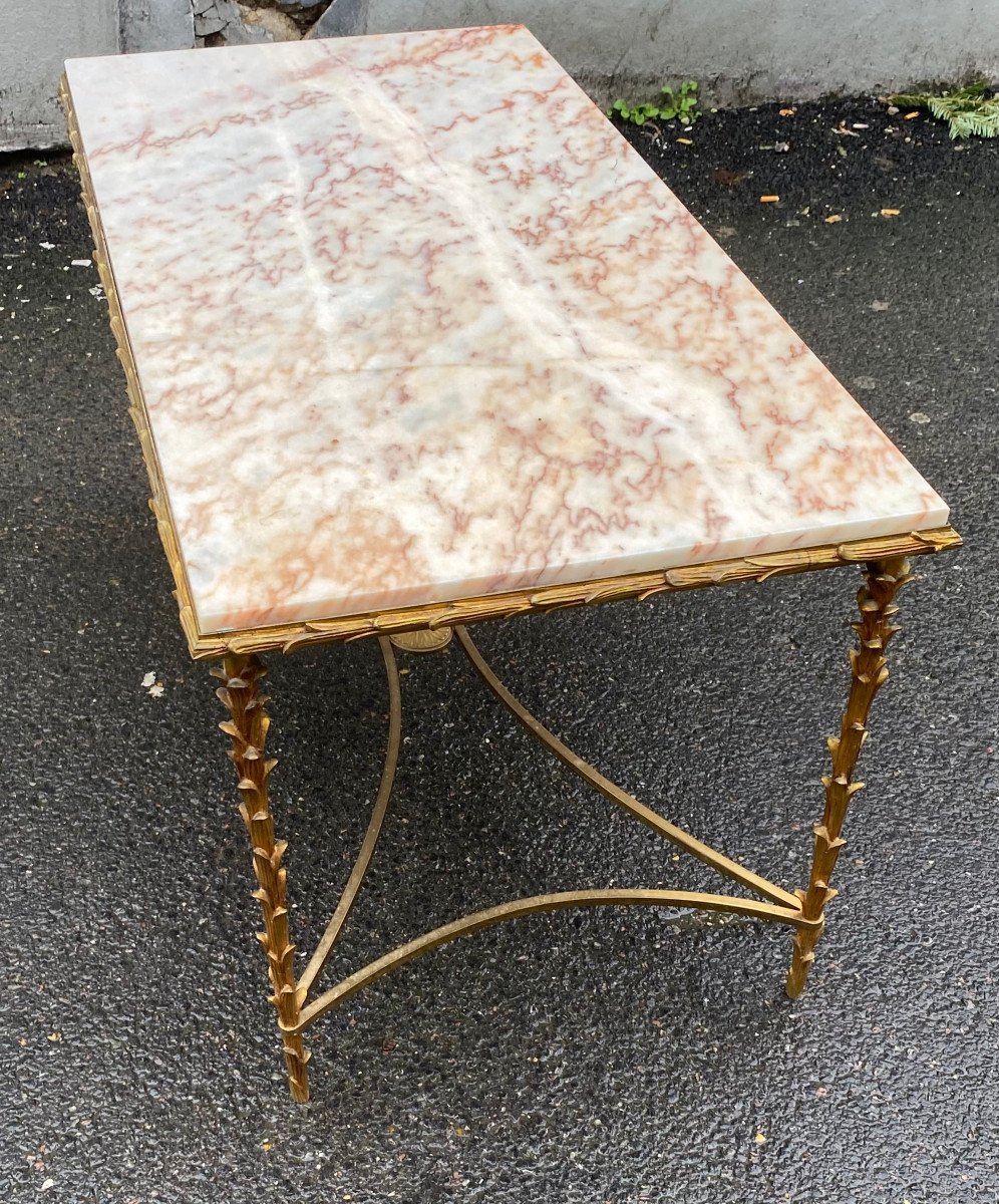 1970′ Gilt Bronze Coffee Table, Marble Or Onyx Top Maison Bagués Palmier Model 50 X 96 X 51-photo-3