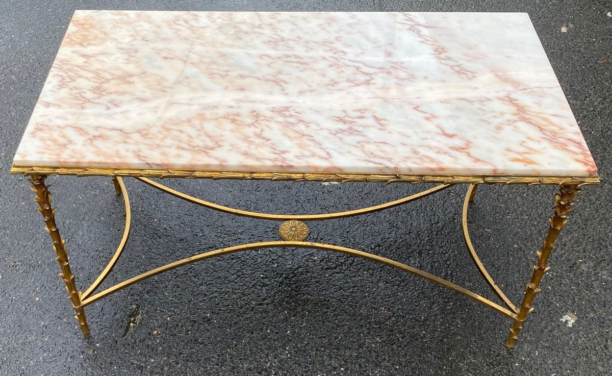 1970′ Gilt Bronze Coffee Table, Marble Or Onyx Top Maison Bagués Palmier Model 50 X 96 X 51-photo-4