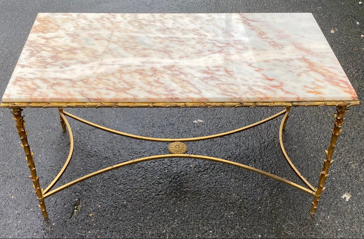 1970′ Gilt Bronze Coffee Table, Marble Or Onyx Top Maison Bagués Palmier Model 50 X 96 X 51