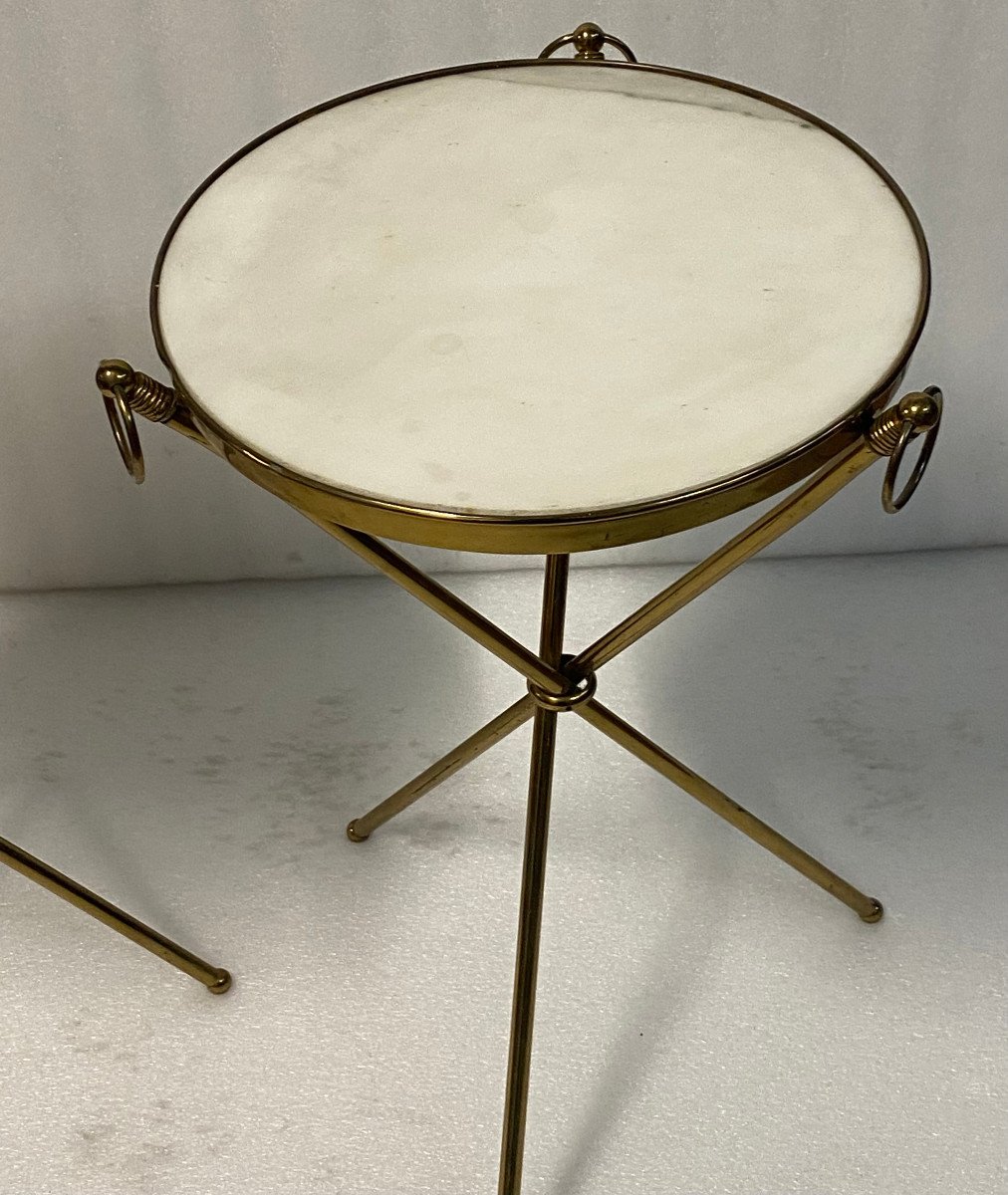 1950′ Pair Of Gilded Brass And Carrara Marble Gueridons Jacques Adnet Style Diam 37 Cm H 55 Cm-photo-4