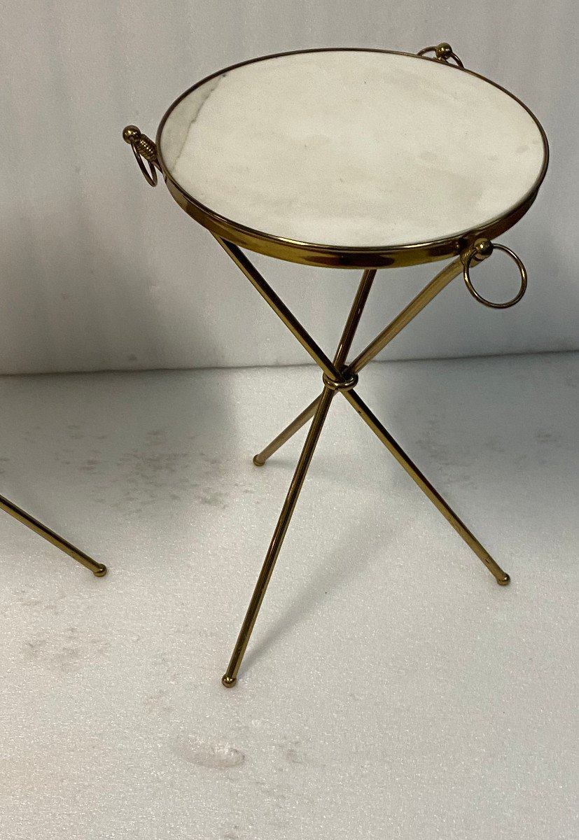 1950′ Pair Of Gilded Brass And Carrara Marble Gueridons Jacques Adnet Style Diam 37 Cm H 55 Cm-photo-7