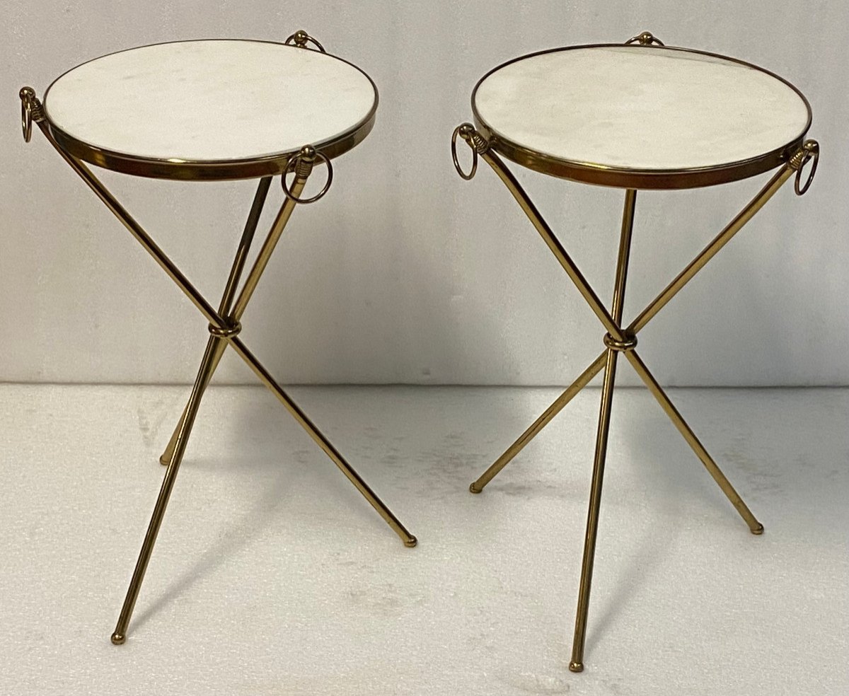 1950′ Pair Of Gilded Brass And Carrara Marble Gueridons Jacques Adnet Style Diam 37 Cm H 55 Cm