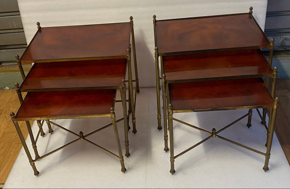 1970′ Pair Of Series Of 3 Nesting Tables Maison Baguès Gilt Bronze, Amber Bakelite Tops-photo-4