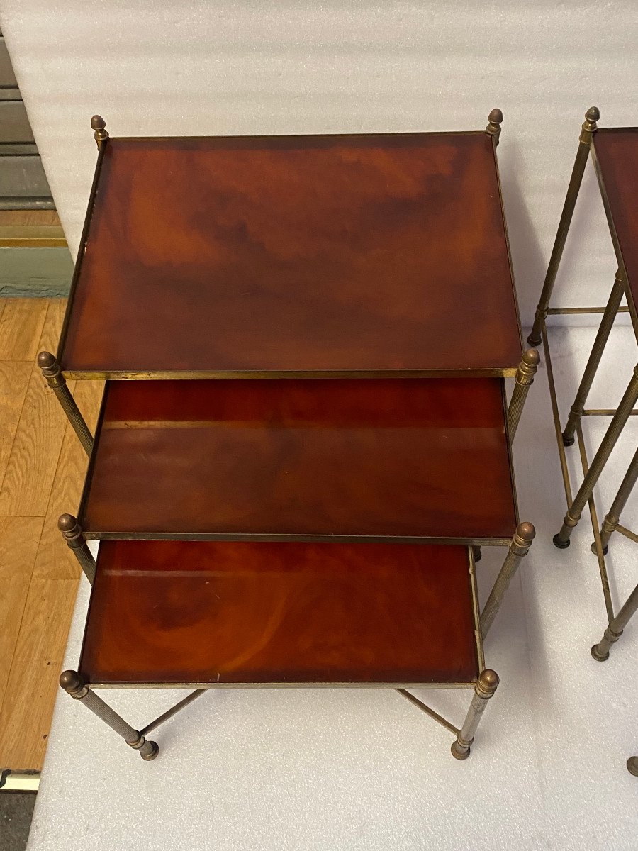 1970′ Pair Of Series Of 3 Nesting Tables Maison Baguès Gilt Bronze, Amber Bakelite Tops-photo-2