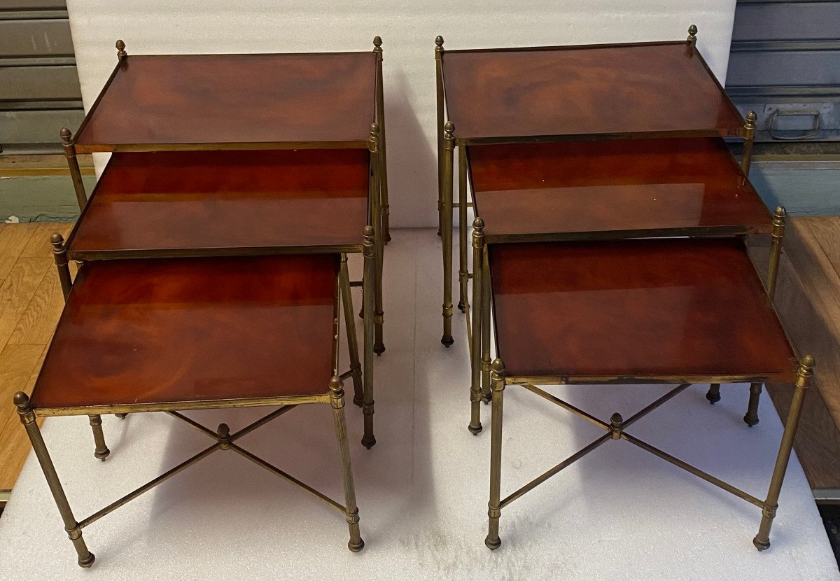 1970′ Pair Of Series Of 3 Nesting Tables Maison Baguès Gilt Bronze, Amber Bakelite Tops