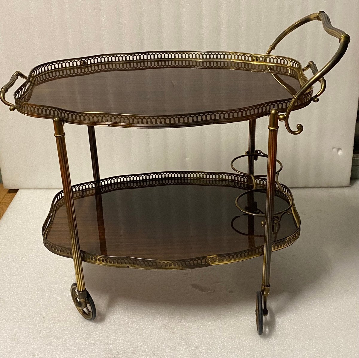 1950/70 Maison Jansen Crossbow Shaped Rolling Trolley In Mahogany And Gilt Bronze-photo-2