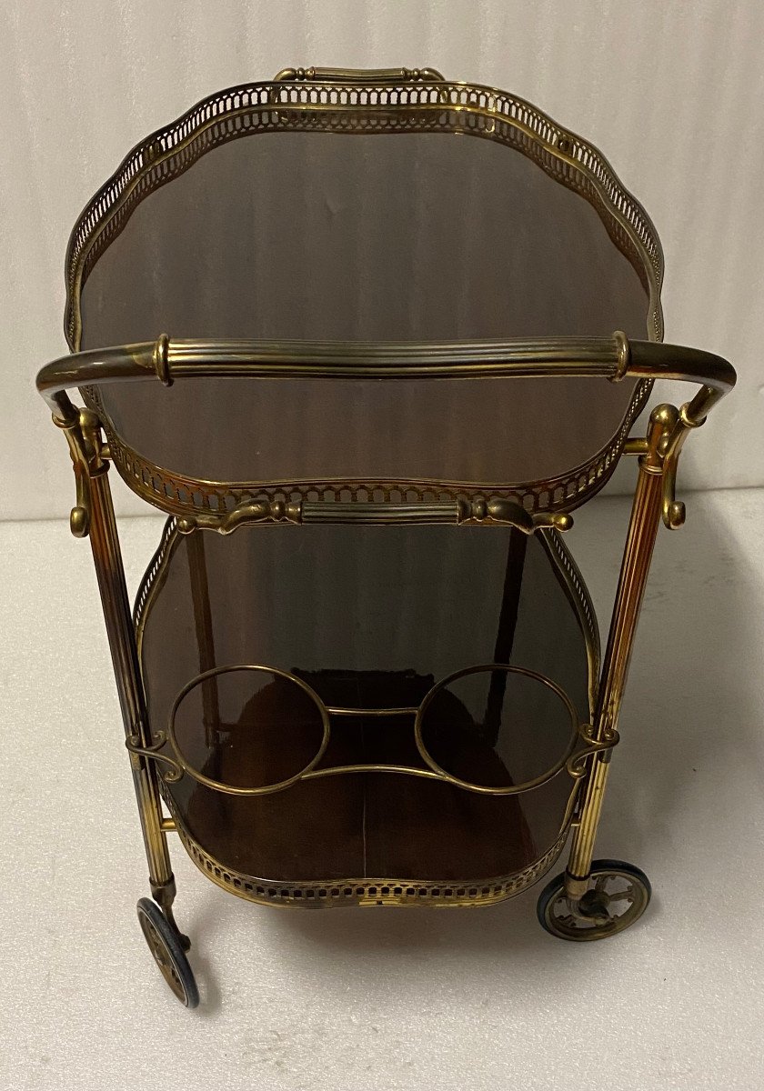 1950/70 Maison Jansen Crossbow Shaped Rolling Trolley In Mahogany And Gilt Bronze-photo-3