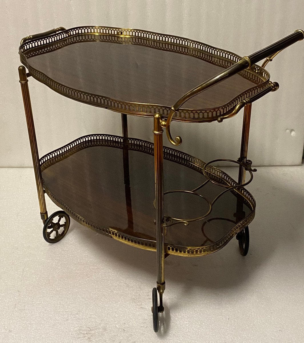 1950/70 Maison Jansen Crossbow Shaped Rolling Trolley In Mahogany And Gilt Bronze-photo-4