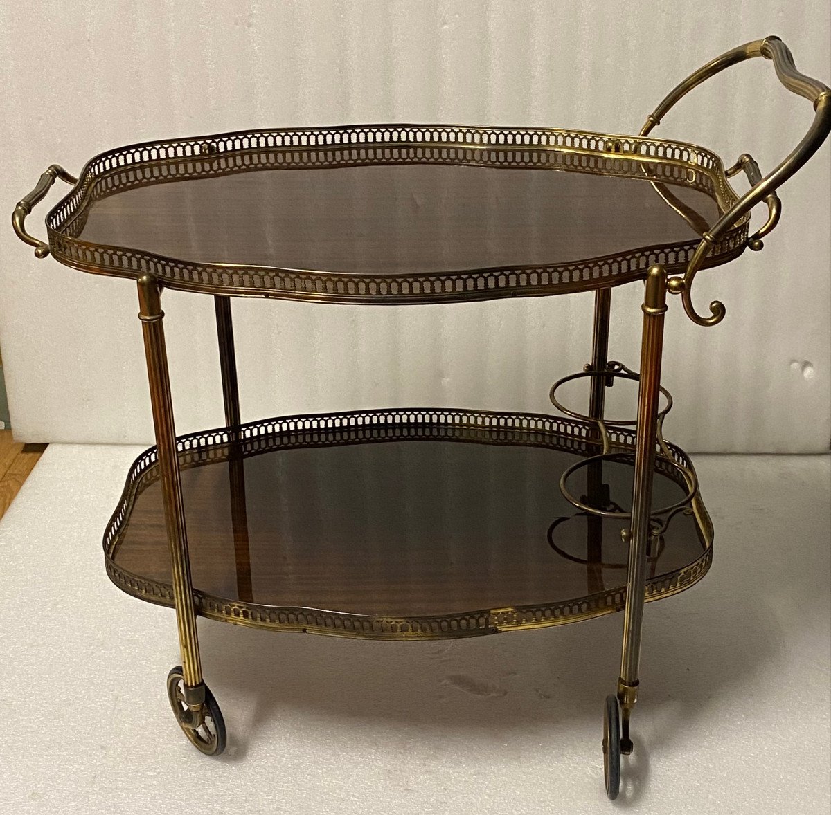 1950/70 Maison Jansen Crossbow Shaped Rolling Trolley In Mahogany And Gilt Bronze