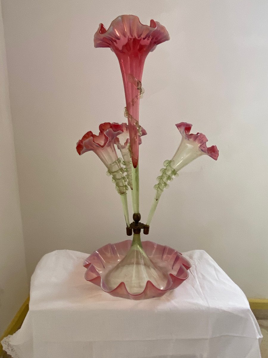 1880/1900 Opalescent Glass Bouquetière With 4 Cornets N 3 H 57 Cm-photo-2