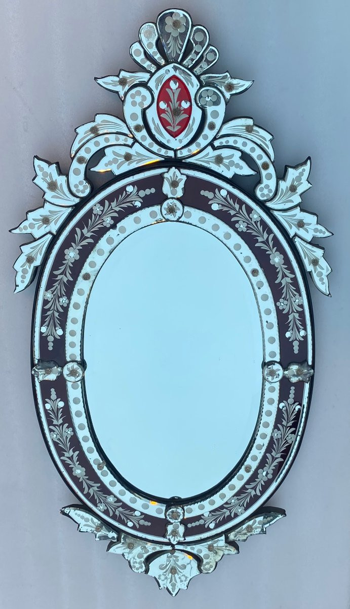 1970′ Oval Venetian Mirror Purple Color H 107 X 50 Cm-photo-4