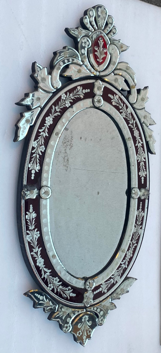 1970′ Oval Venetian Mirror Purple Color H 107 X 50 Cm