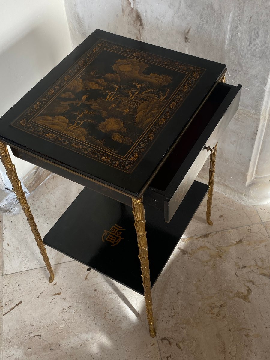 1950/70 ′ Table Maison Baguès Décor Palmier  Bronze Doré Avec Plateaux Laque De Chine  35 X 40 -photo-3