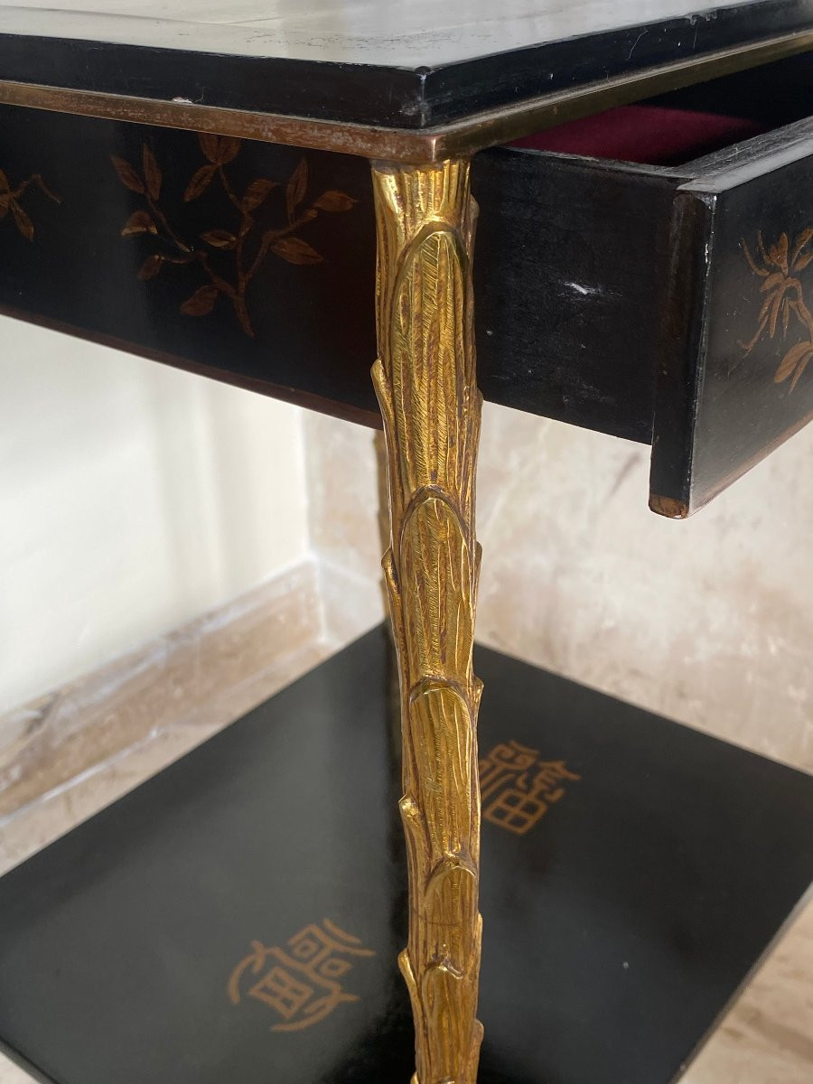 1950/70 ′ Maison Baguès Table Palm Tree Decor Gilt Bronze With Chinese Lacquer Trays 35 X 40 -photo-4