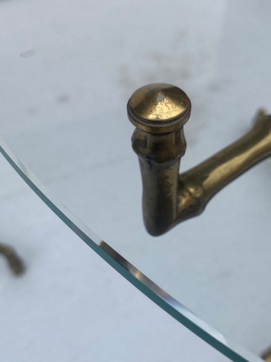 1970′ Paire De Tables Guéridon Decor Bambou Maison Baguès Bronze  Plateau En Verre ø 60 H 45 Cm-photo-6