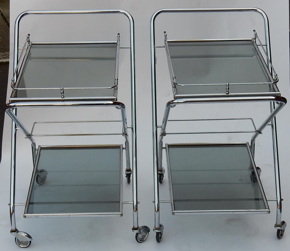 1950/70's  Rolling Bar Of Journey And Campstool, In Chrome-plated Metal In The Style Of