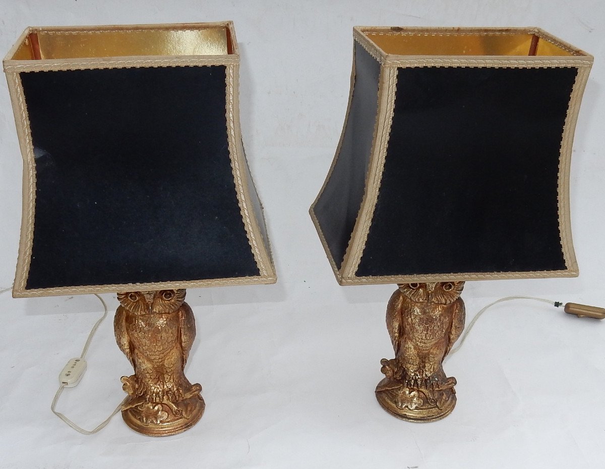 1970 ′ Pair Of Lamps With The Owl Golden Resin-photo-2