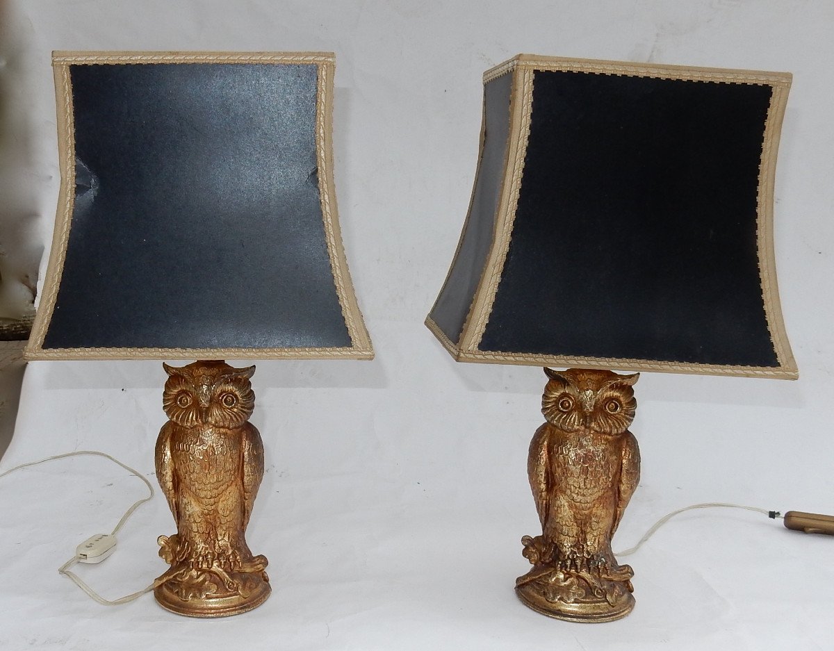 1970 ′ Pair Of Lamps With The Owl Golden Resin-photo-4