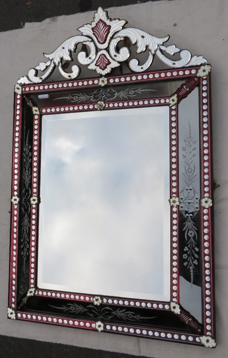 Venetian Mirror With Fronton Style Lxiv Color Red Bohemia 19th