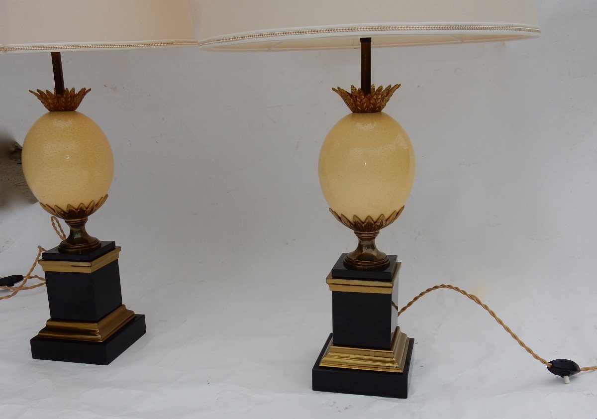 1950/70 Pair Of Lamps In Black Marble And Ostrich Egg Maison Jansen-photo-4