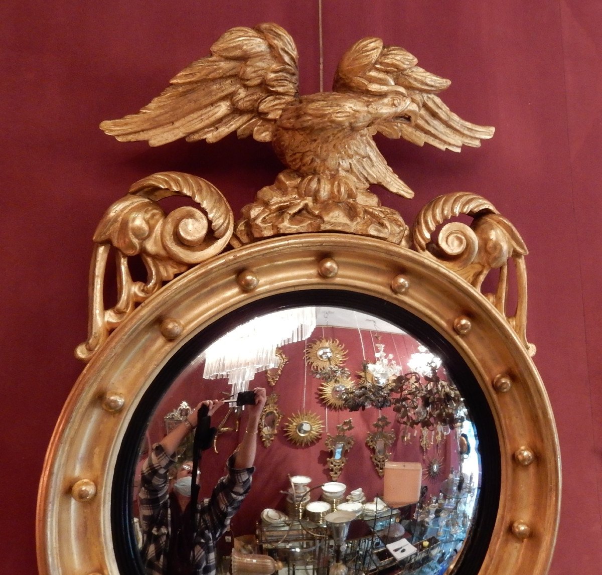 1880/1900′ Miroir Convexe à L’aigle, Bois Doré H 103 Cm -photo-3