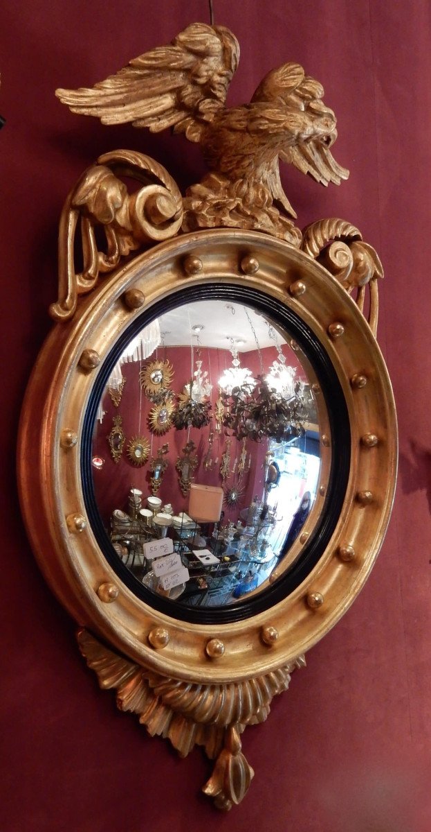 1880/1900′ Miroir Convexe à L’aigle, Bois Doré H 103 Cm -photo-4