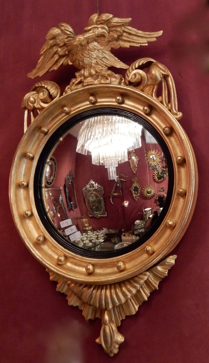 1880/1900 ′ Convex Mirror With Eagle, Golden Wood H 103 Cm-photo-1