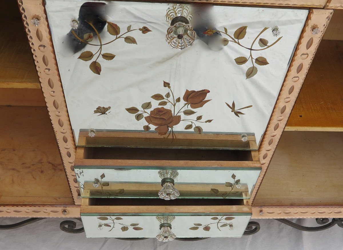 1950/70 ′ Pair Of Mirror Buffets With Eglomised Flowers Decor-photo-2