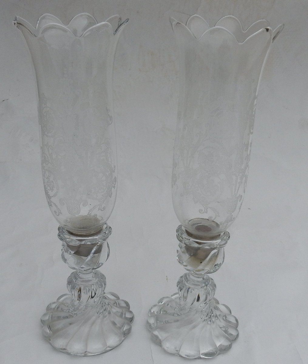 1950/70 Paire De Bougeoirs En Cristal Photophores Baccarat Modèle Tors Signés