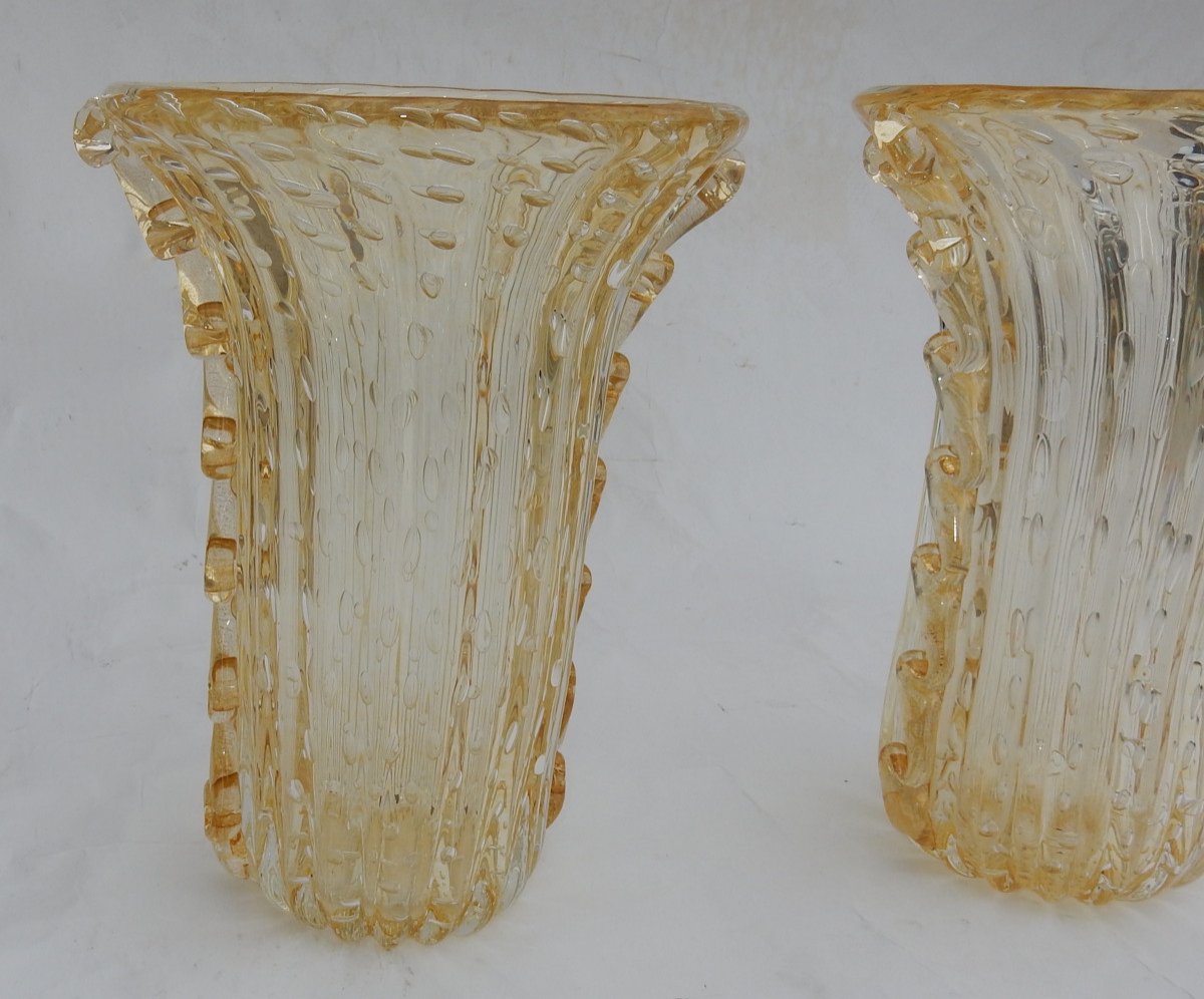 1970 ′ 1970 ′ Pair Or Similar Vases, Murano Crystal With Gold Paillons, Signed Murano Toso-photo-4