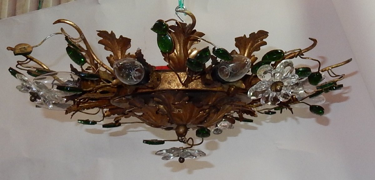 1970′ Plafonnier Décor De Fleurs Et Feuilles En Métal Doré Dlg Maison Baguès Feuilles En Verre-photo-4