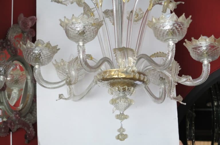 1900/20 Lustre Cristal Murano Avec Inclusions Feuilles D’or 6 Branches-photo-2