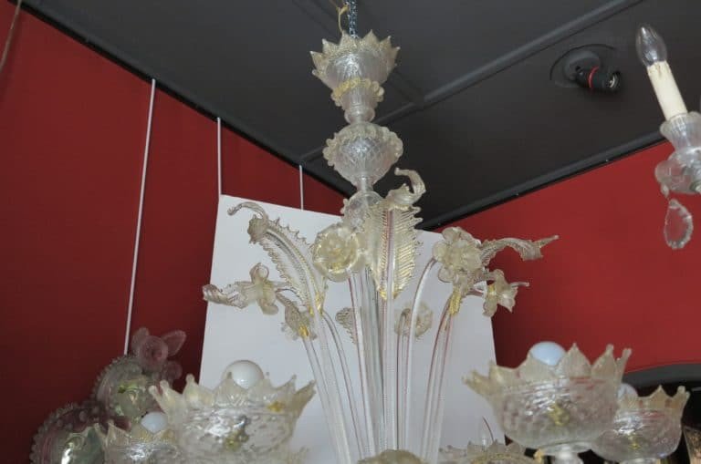 1900/20 Lustre Cristal Murano Avec Inclusions Feuilles D’or 6 Branches-photo-4