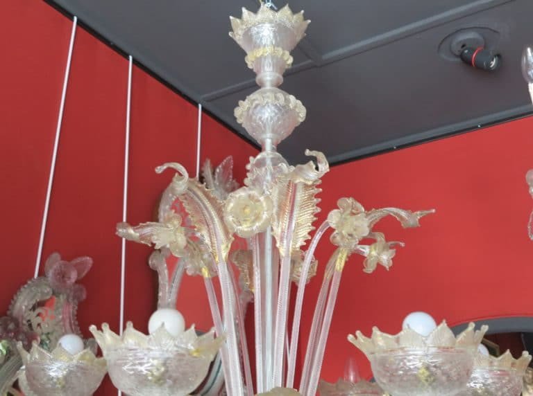 1900/20 Lustre Cristal Murano Avec Inclusions Feuilles D’or 6 Branches-photo-3