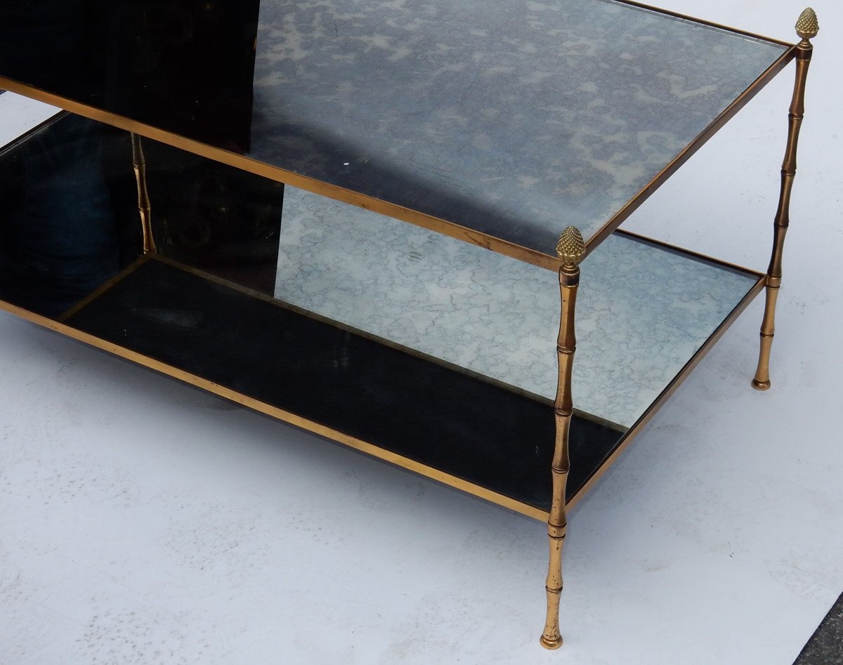 1970 'maison Baguès Coffee Table Bamboo Decor In Brass And Oxidized Mirror-photo-2